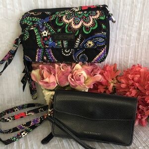 VERA BRADLEY All in 1 Crossbody wristlet Kiev Paisley & blk leather zip wallet